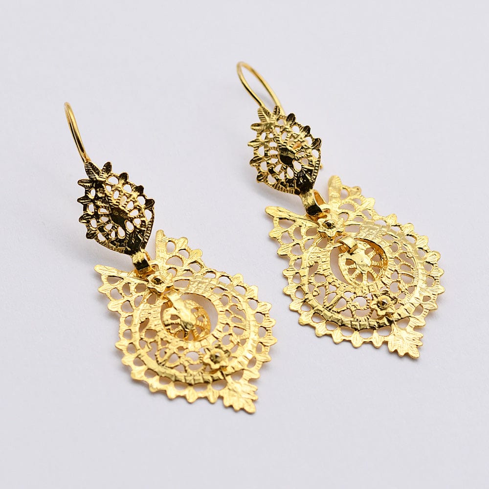 Brincos À Rainha I Gold-plated Silver Filigree Earrings 0.3 oz - 2.0"