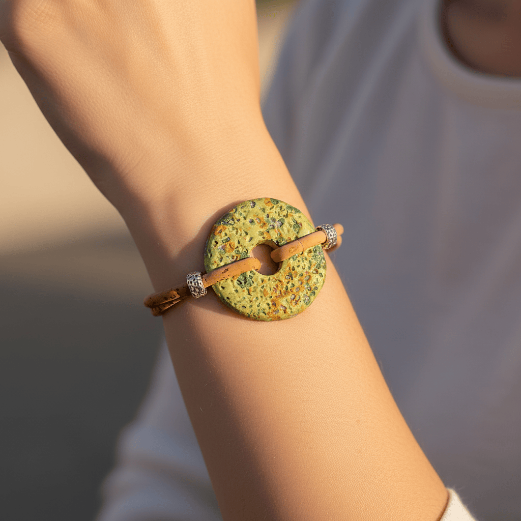 Cork Bracelet with Green Medallion