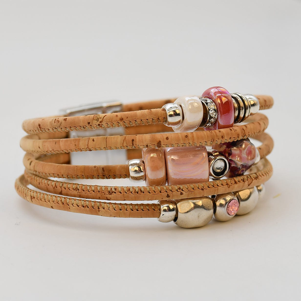 Cork Cuff Bracelet with Pink Beads