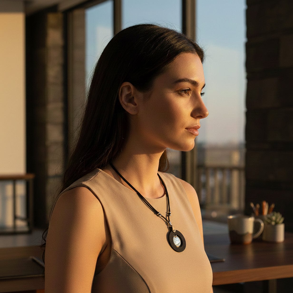 Cork Necklace with Hammered Metal Pendant