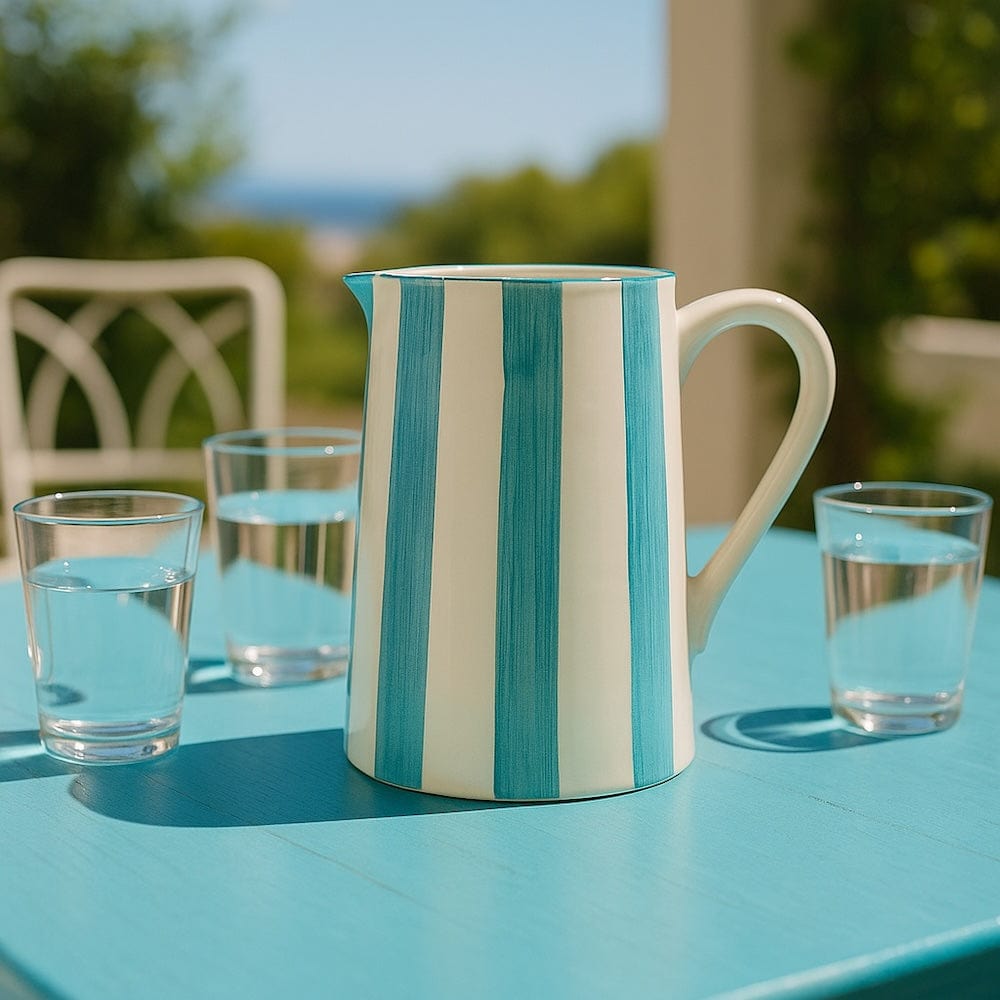 Costa Nova Mar I Striped Ceramic Pitcher- Turquoise