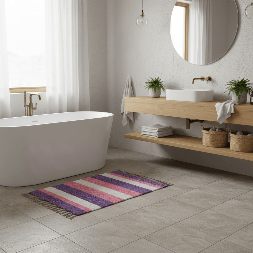 Handmade Striped Rug - Pink, purple, beige