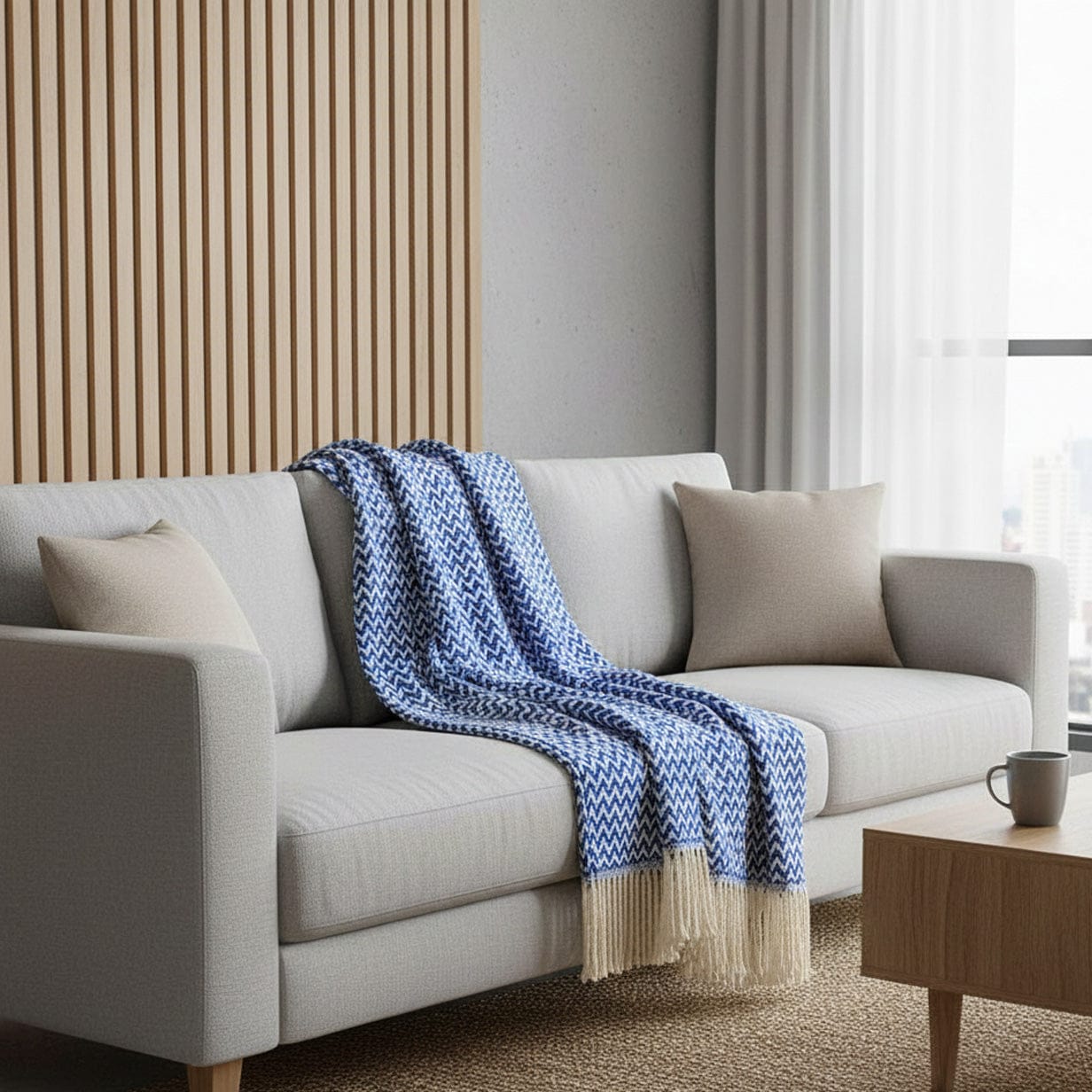 Ondas I Cotton Fringed Blanket - Blue