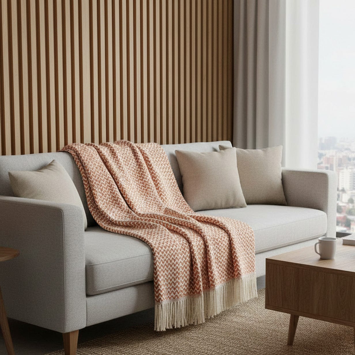 Ondas I Cotton Fringed Blanket - Terracotta