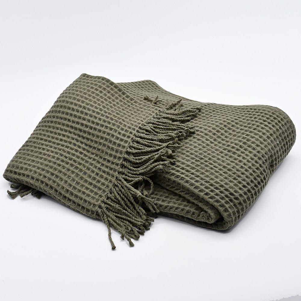 Plaid à franges en coton gaufré 200x140 - Kaki