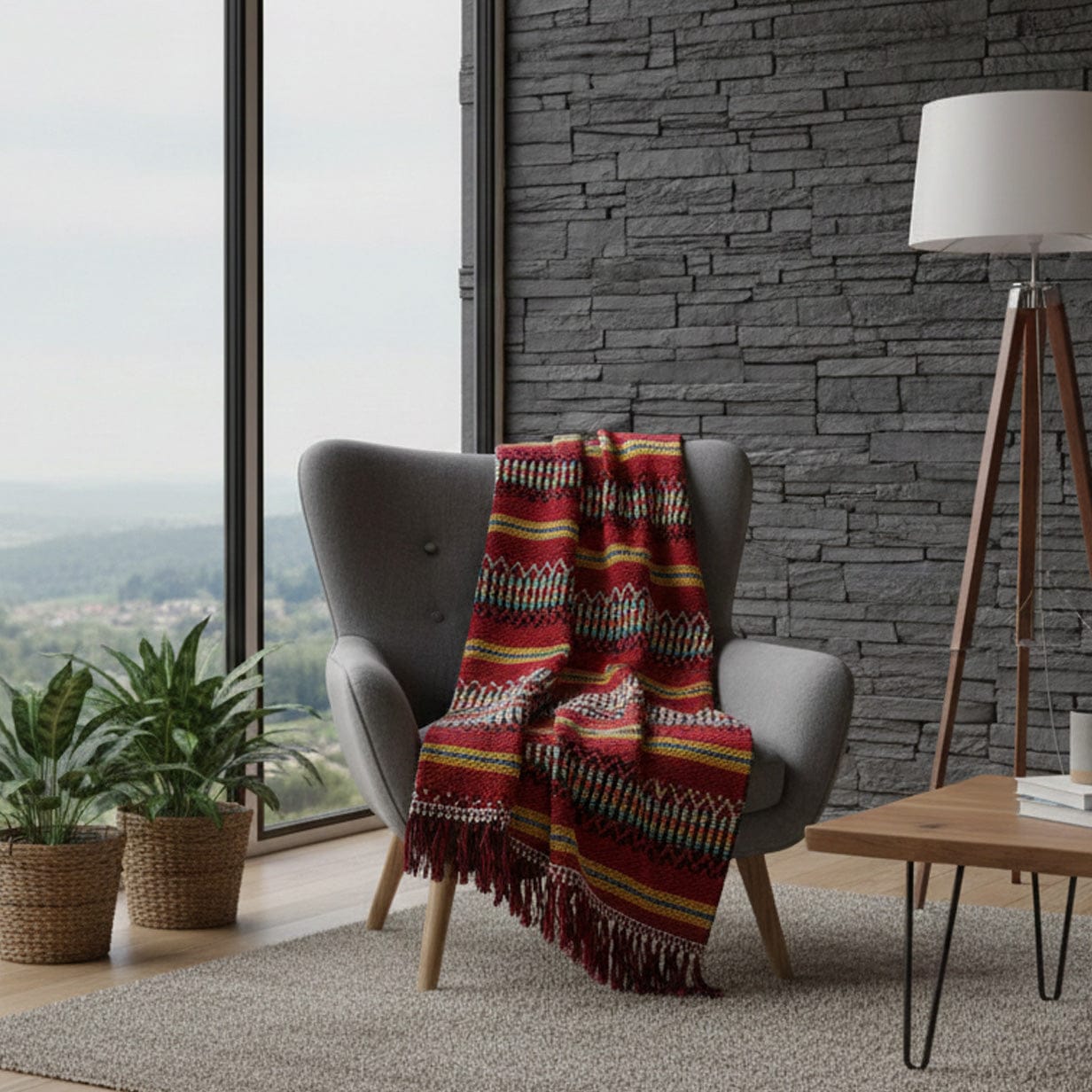 Portuguese Style fringed Blanket - Dark Red