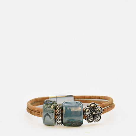 Bracelet en liège et perles - Bleu pétrole