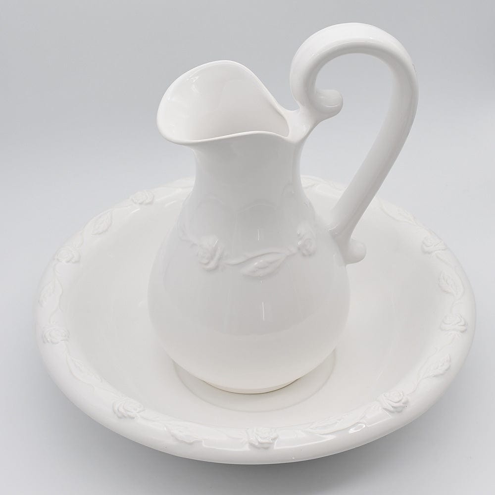 Ceramic Pitcher and Washbasin - White