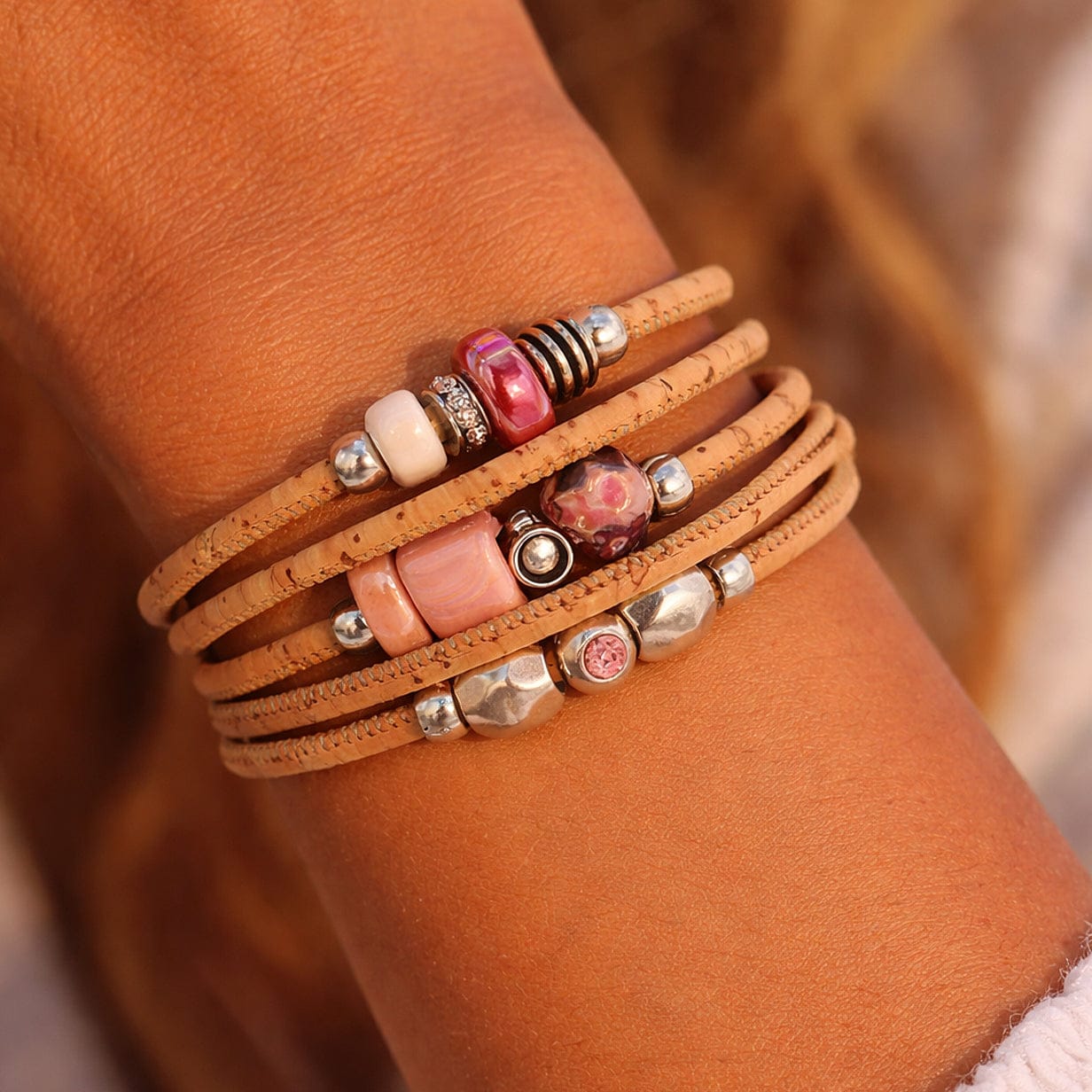 Cork Cuff Bracelet with Pink Beads