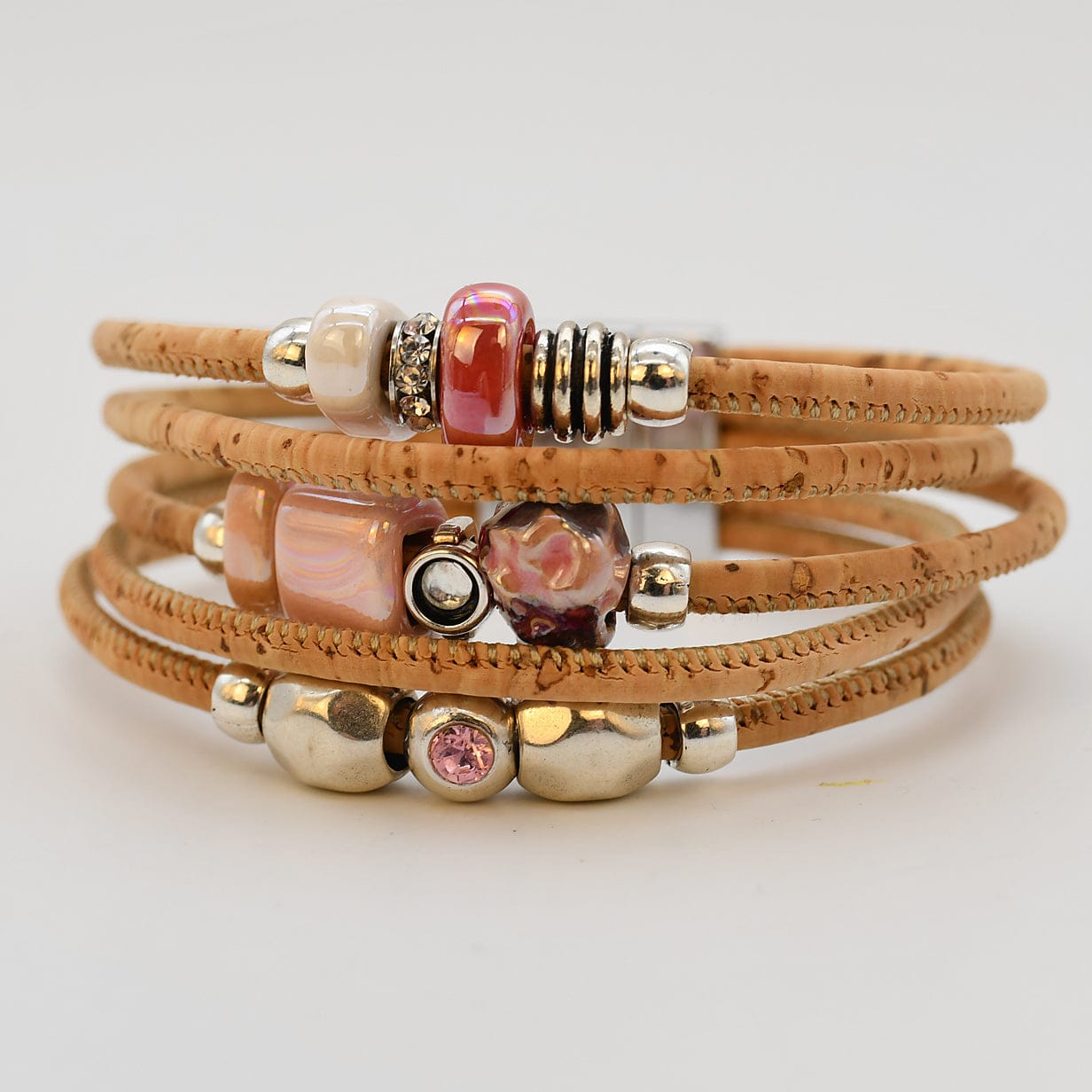 Cork Cuff Bracelet with Pink Beads