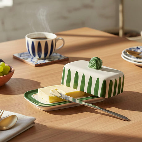 Costa Nova Mar I Striped Ceramic Butter Dish - Green