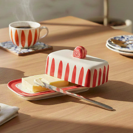 Costa Nova Mar I Striped Ceramic Butter Dish - Red