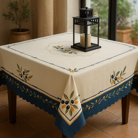 Cotton Tablecloth with Olive Pattern - Blue