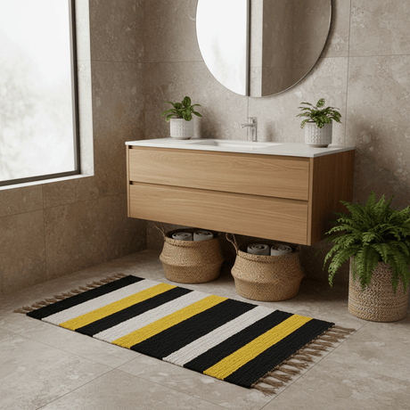Handmade Striped Rug - Black, beige, yellow
