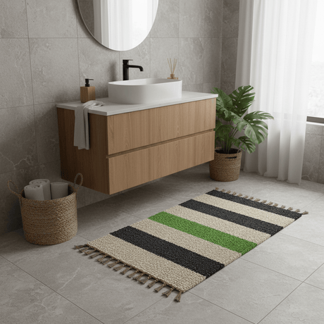 Handmade Striped Rug - Green, grey, beige