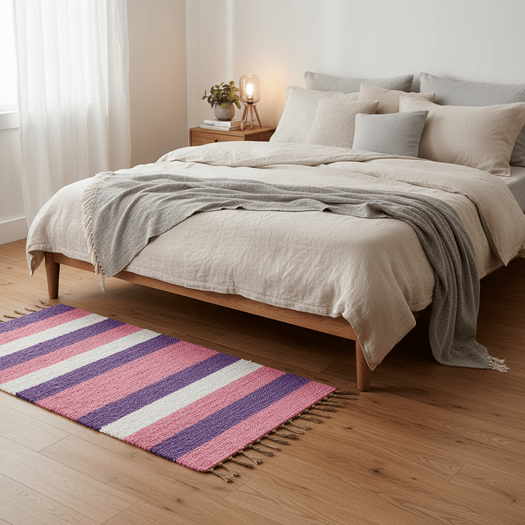 Handmade Striped Rug - Pink, purple, beige