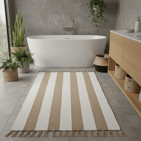 Handmade Striped Rug - White, beige, brown