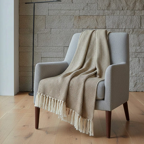 Herringbone I Cotton Fringed Blanket - Beige