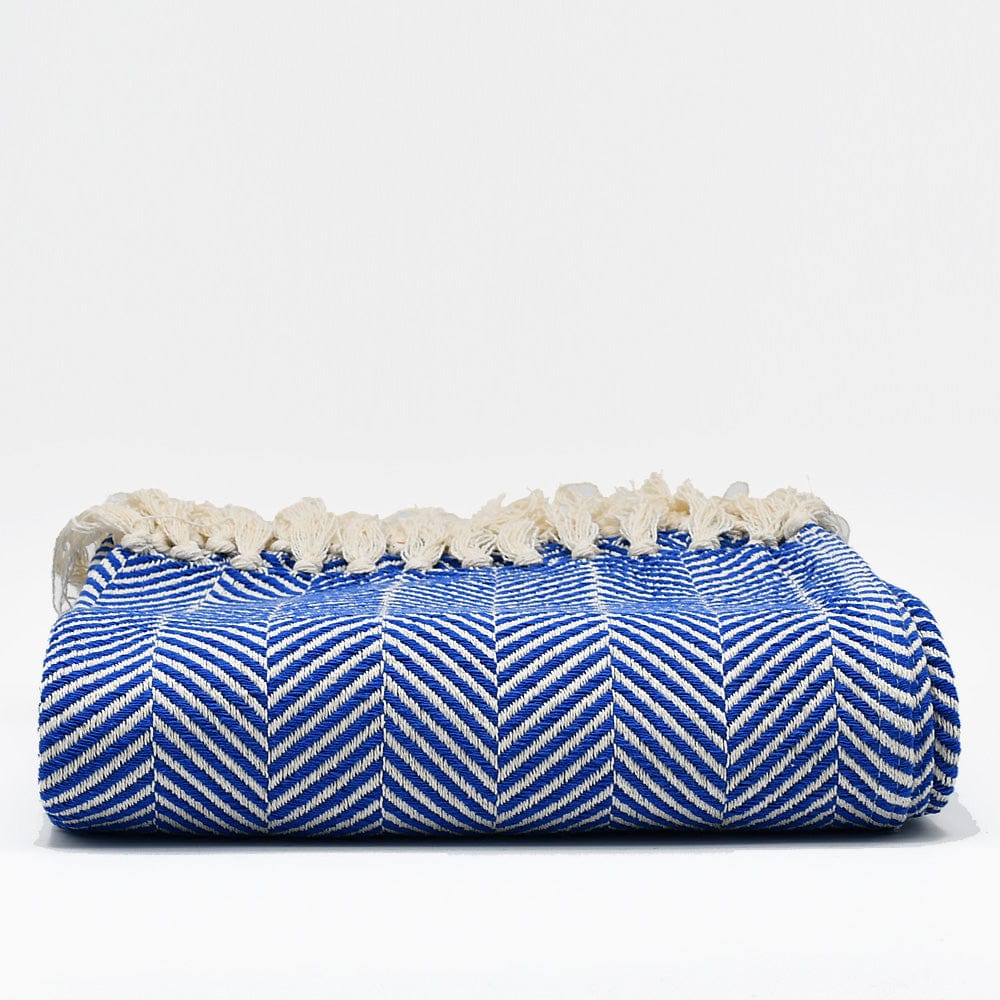Herringbone I Cotton Fringed Blanket - Blue - Luisa Paixao | USA