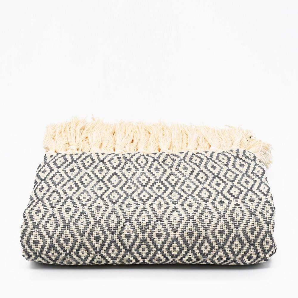 Losango I Cotton Fringed Blanket - Dark grey