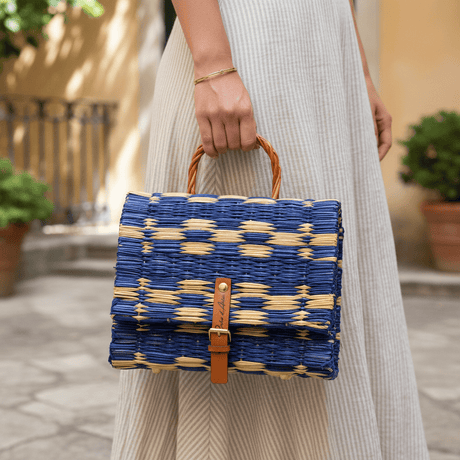 Reed Satchel Bag - 8.7" - Blue & Natural