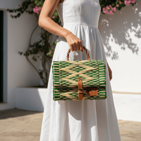 Reed Satchel Bag - 9.8'' - Green & Natural