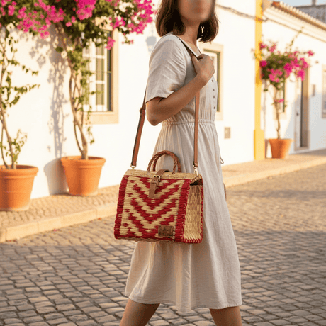 Reed Shopping Bag - 10.2'' -  Red & Natural