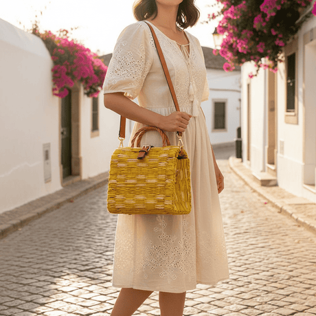 Reed Shopping Bag - 10.2'' - Yellow & Natural