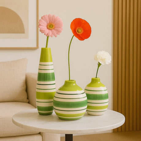 Round striped ceramic vase - Green