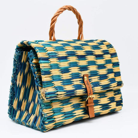Sac cartable en jonc 25cm - Turquoise & naturel