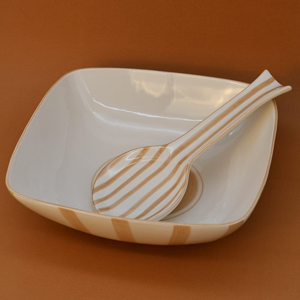 Saladier rayé moka et blanc I Vaisselle du Portugal en ligne Saladier rayé "Costa Nova Mar" 28cm - Moka