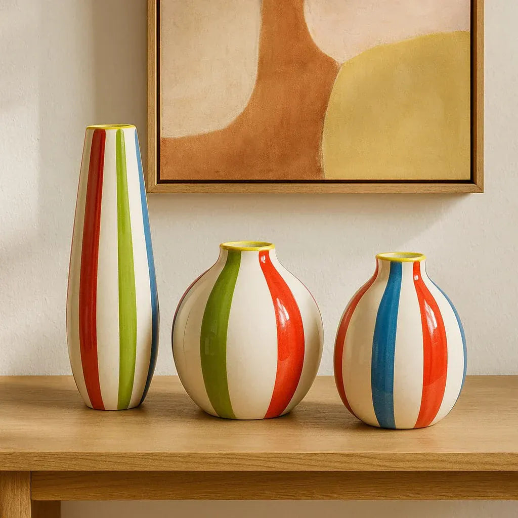 Set of 3 Striped Ceramic Vases - Multicolor